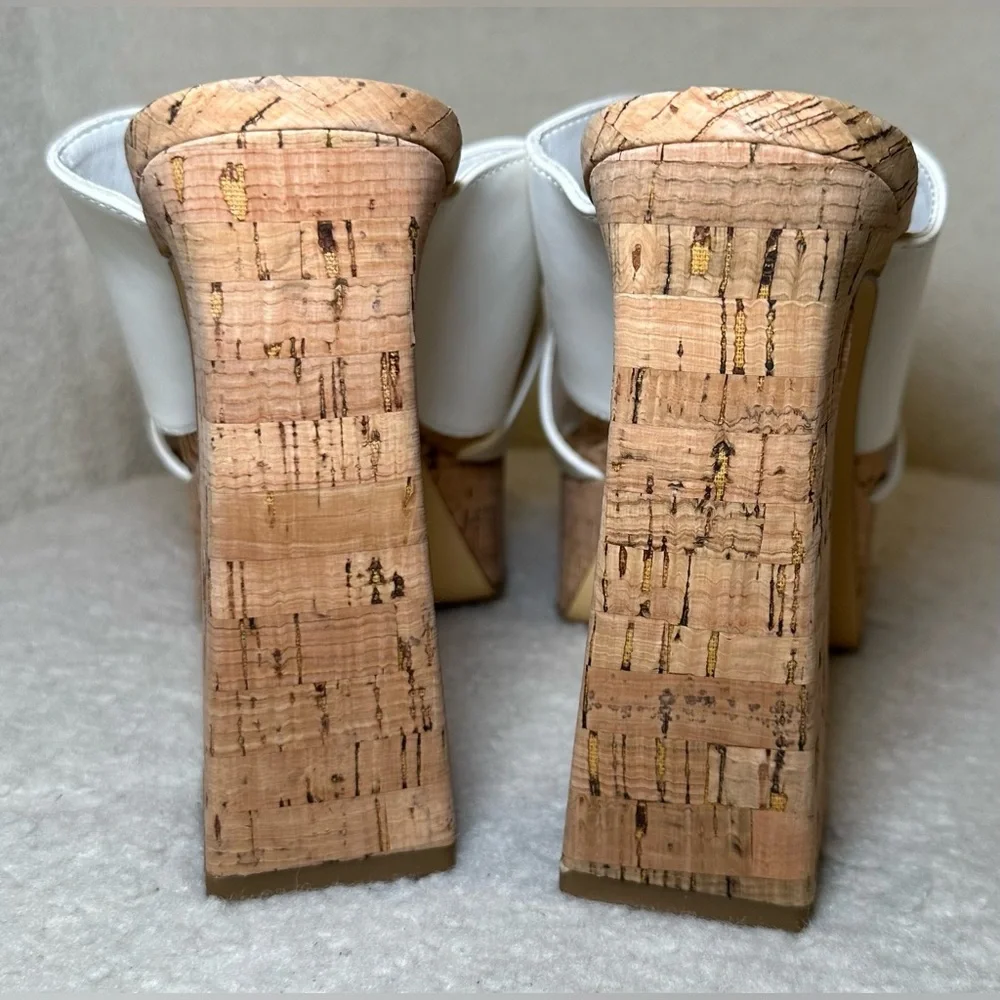 NWOT NINE WEST white‎ straps cork high heels platforms curved chunky summer 7.5